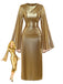 Gold 1970er Fledermaus Ärmel Taille Gerüschtes Kleid