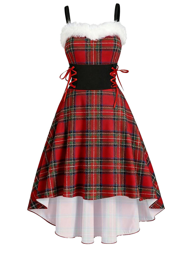 1950er Weihnachten Tartan Pelzbesatz High-Low Saum Kleid