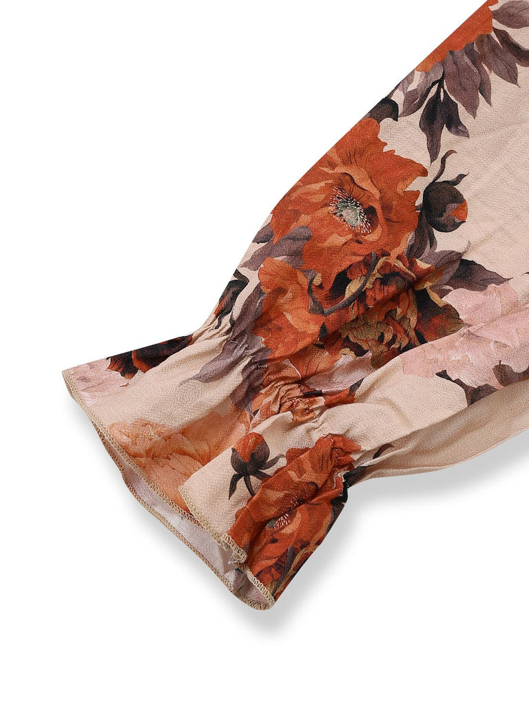 Mehrfarbig 1930er Blumen Gesmokt Gerafft Ärmel Kleid