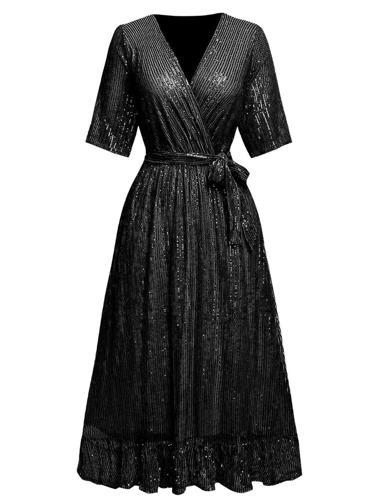1930er V-Ausschnitt Pailletten Rüschensaum Kleid