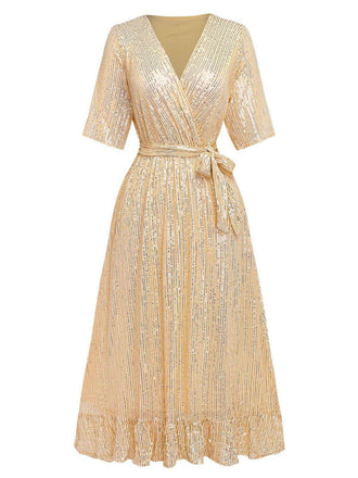 1930er V-Ausschnitt Pailletten Rüschensaum Kleid