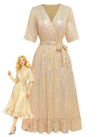 1930er V-Ausschnitt Pailletten Rüschensaum Kleid