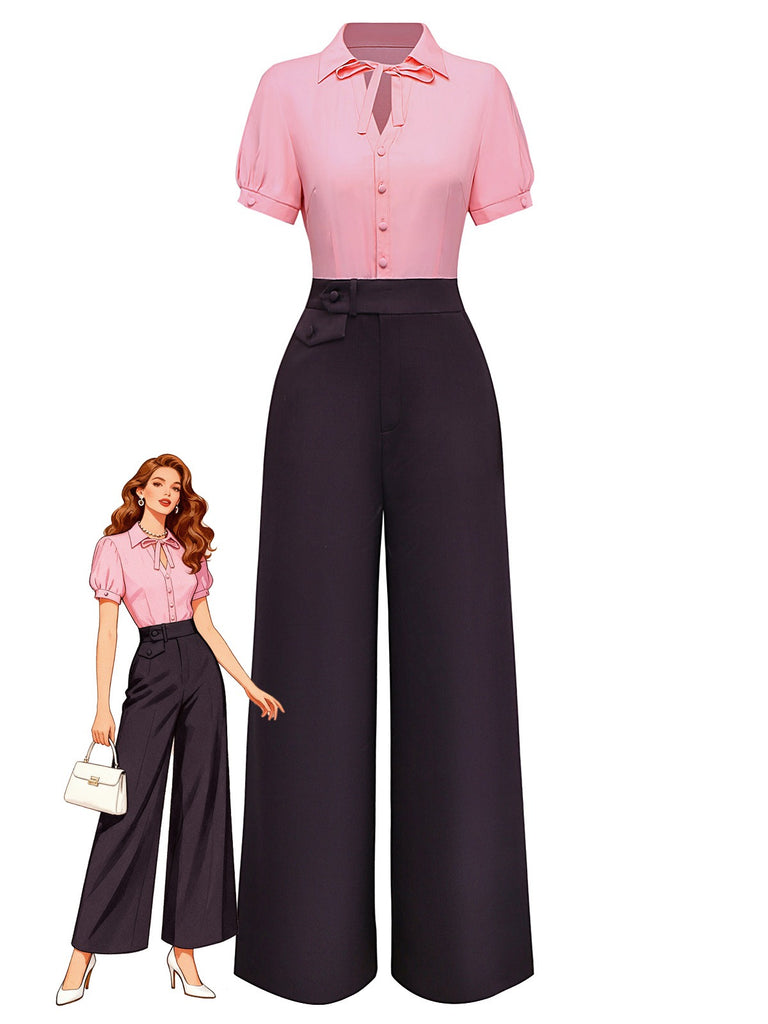 [Vorverkauf] Rosa & Grau 1930er Bogen Kragen Revers Jumpsuit