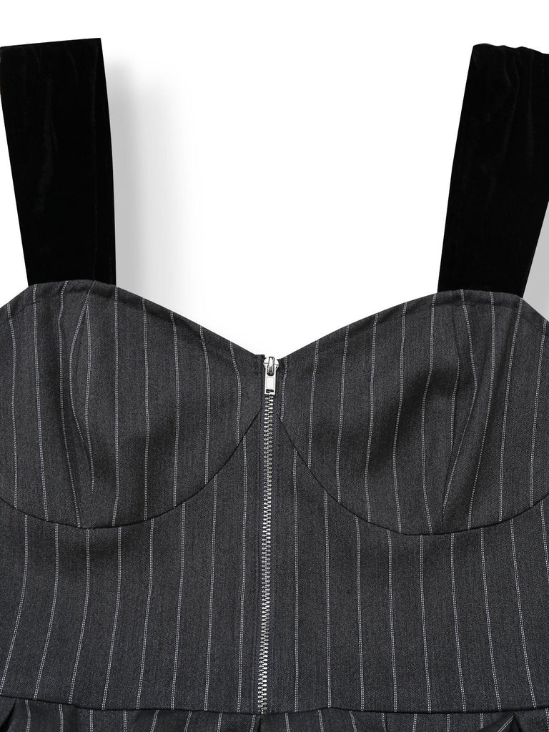 [Vorverkauf] Grau 1950er Samt Träger Gürtel Nadelstreifen Kleid
