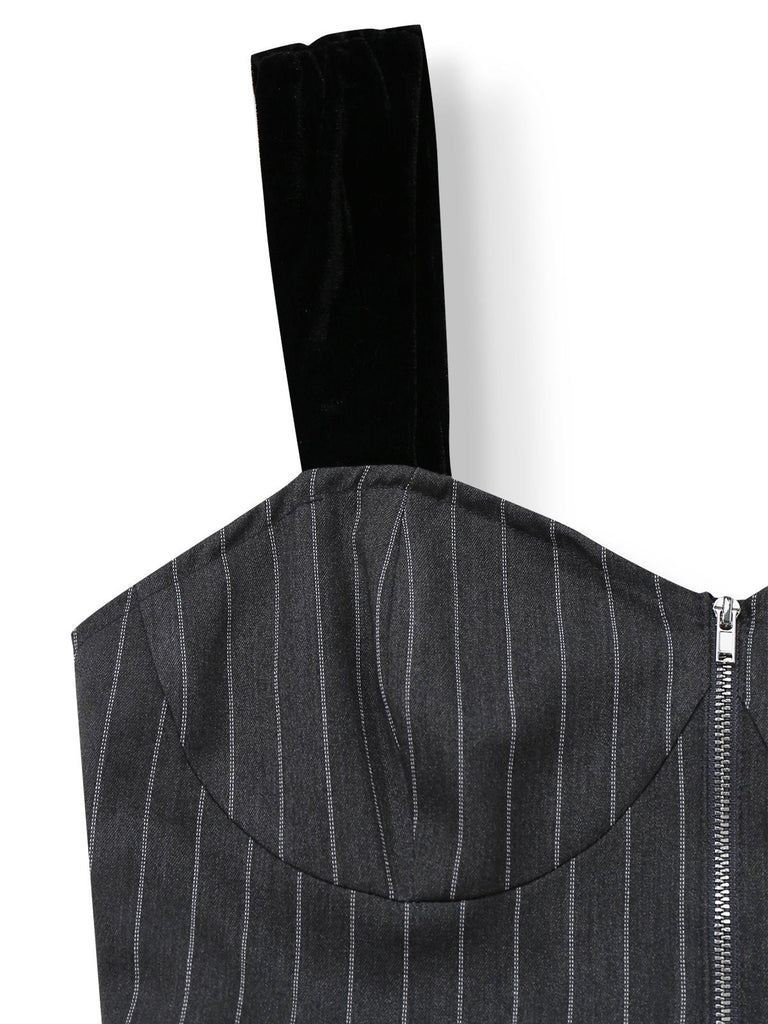 [Vorverkauf] Grau 1950er Samt Träger Gürtel Nadelstreifen Kleid