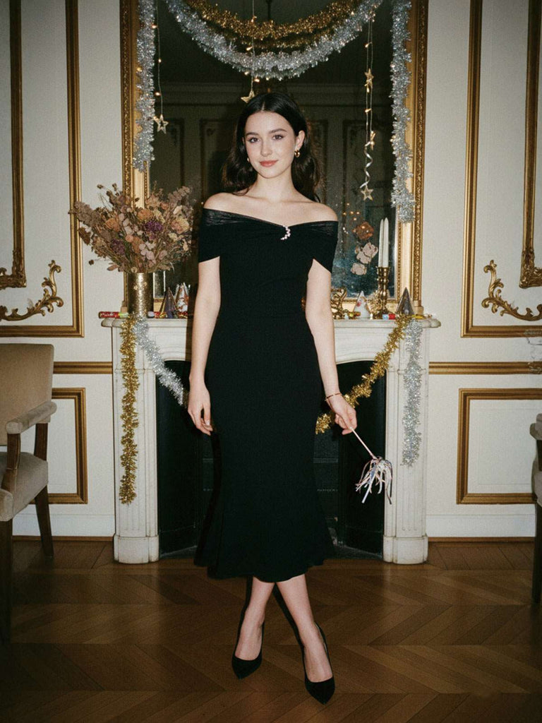 [Vorverkauf] Schwarz 1930er Schulterfrei Netz Fischschwanzkleid