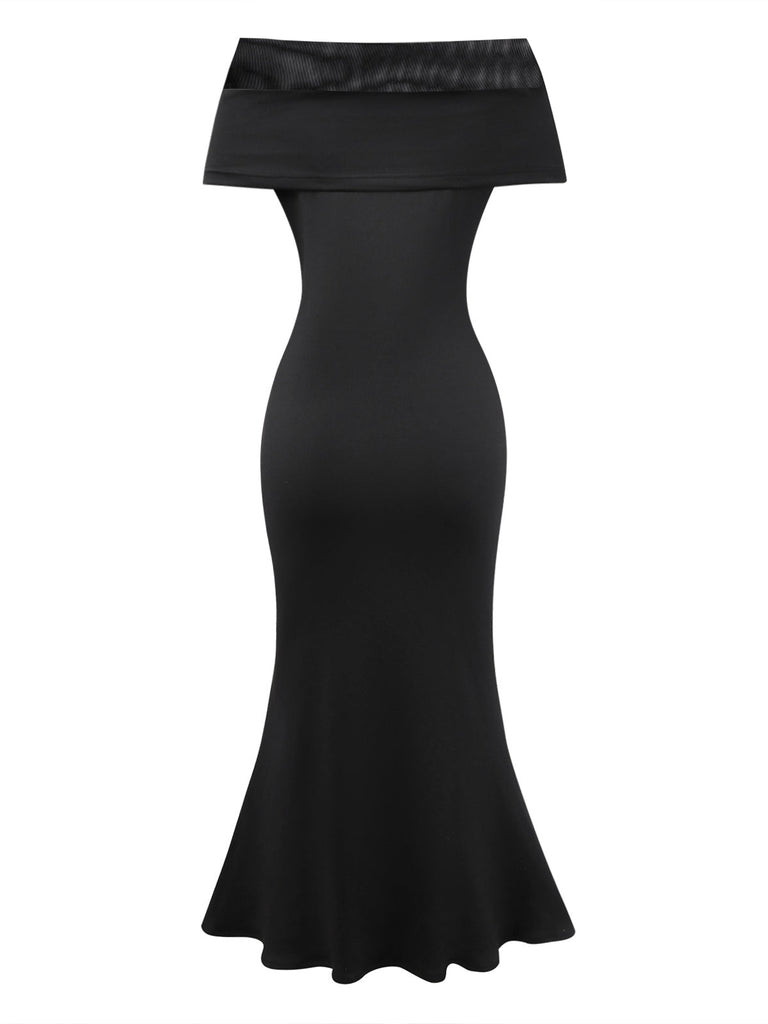 [Vorverkauf] Schwarz 1930er Schulterfrei Netz Fischschwanzkleid