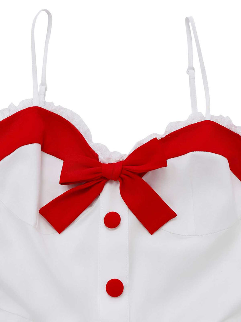 [Vorverkauf] Weiß 1960er Valentinstag Spitze Kontrast Bogen Slip Kleid