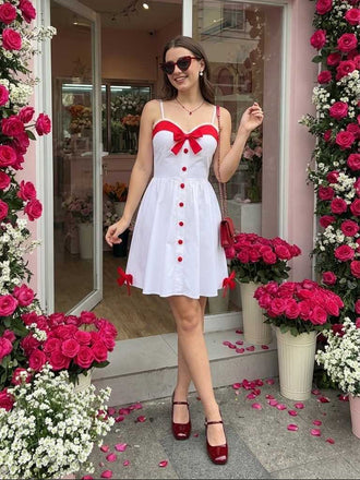 [Vorverkauf] Weiß 1960er Valentinstag Spitze Kontrast Bogen Slip Kleid