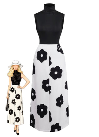 2PCS Schwarz 1930er Rollkragen Top & Blumen Rock