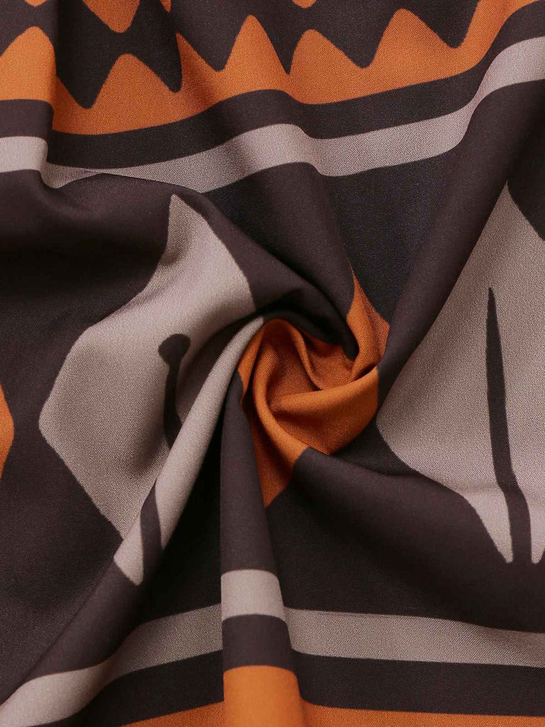 Braun 1970er Tief V-Ausschnitt Stammes Drucken Bohème Kleid