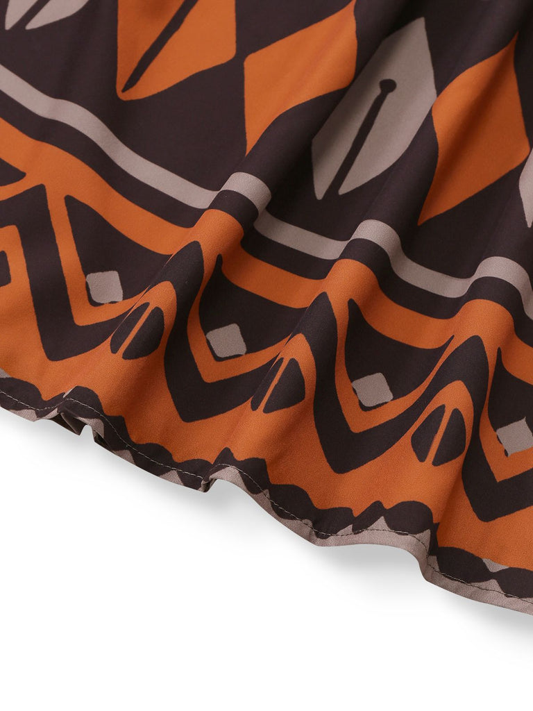 Braun 1970er Tief V-Ausschnitt Stammes Drucken Bohème Kleid