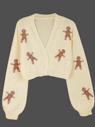 Weiß 1960er Weihnachten Lebkuchenmann Kurz Cardigan