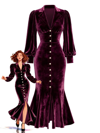 [Vorverkauf] Rot 1930er Samt Perle Laternenärmel Meerjungfrauen Kleid