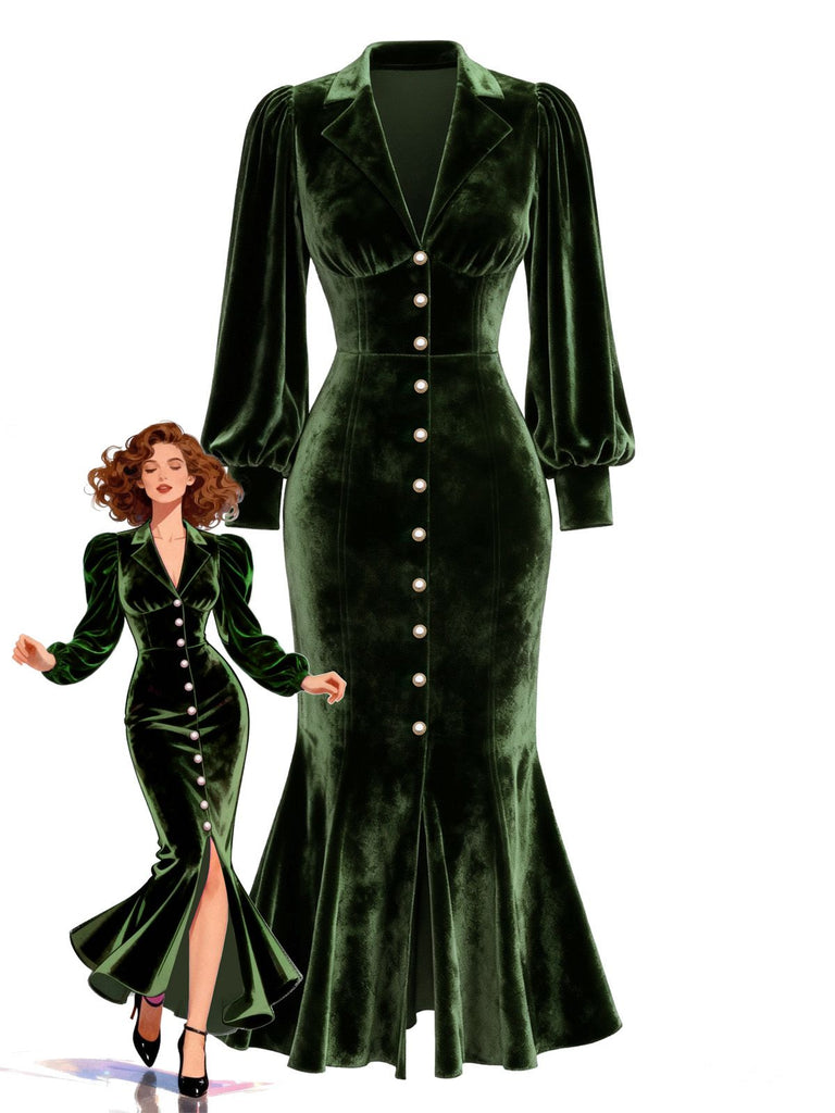 [Vorverkauf] Grün 1930er Samt Perle Laternenärmel Meerjungfrauen Kleid