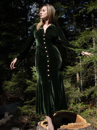 Grün 1930er Samt Perle Laternenärmel Meerjungfrauen Kleid