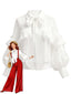 Weiß 1940er Rüschen Laternenärmel Tie-Front Bluse