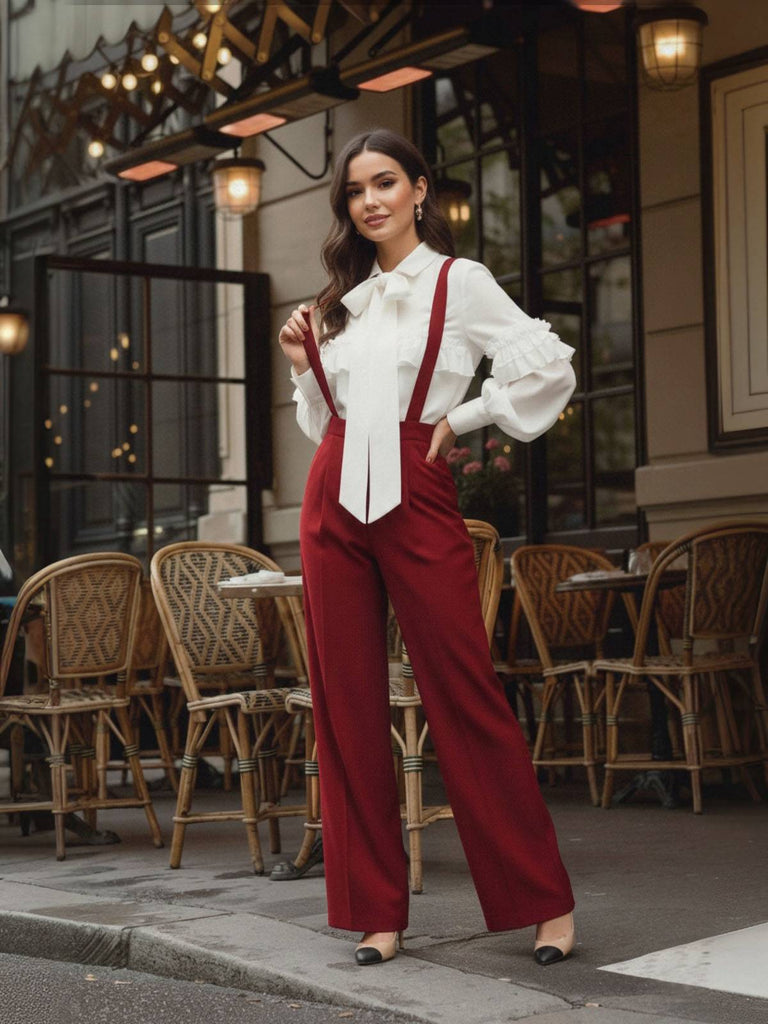 Weiß 1940er Rüschen Laternenärmel Tie-Front Bluse