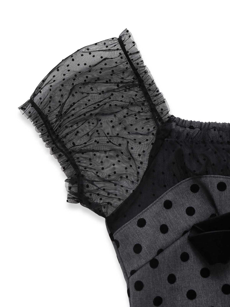 [Vorverkauf] Grau 1960er Bogen Netz Patchwork Polka Punkte Kleid