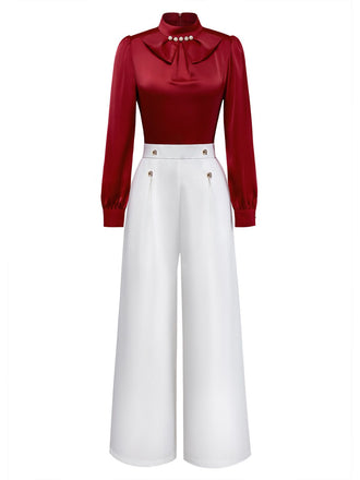 [Vorverkauf] Rot 1930er Perle Verziert Rüsche Farbblock Jumpsuit