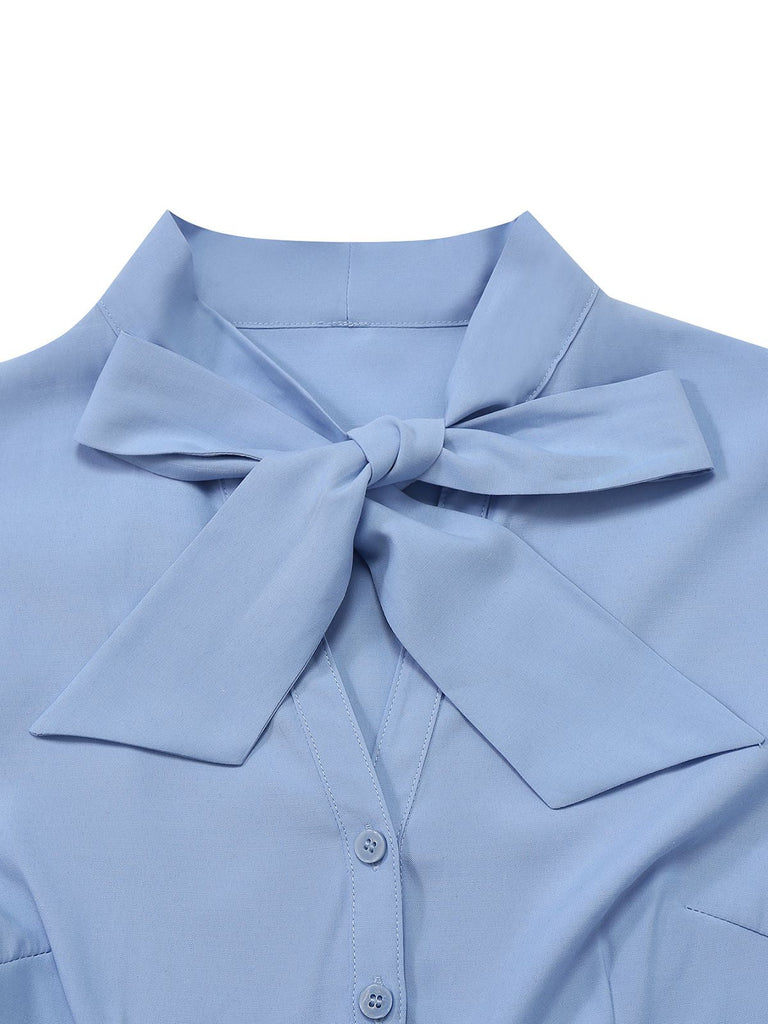 [Vorverkauf] Blau 1930er Bogen Schleife Gürtel Bleistift Kleid