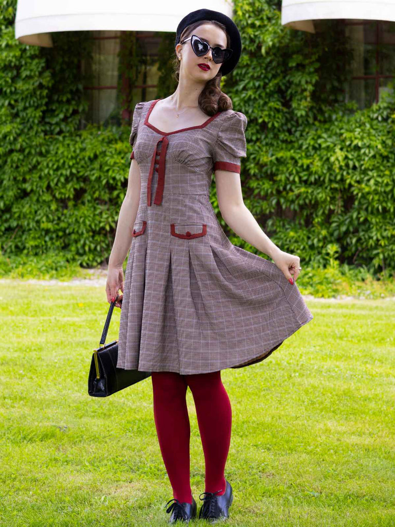Braun 1950er Bogen Hahnentritt Plissiertes Kleid