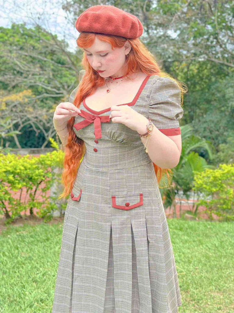 Braun 1950er Bogen Hahnentritt Plissiertes Kleid