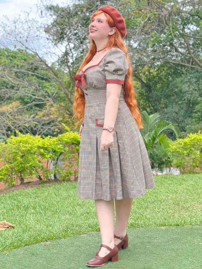 Braun 1950er Bogen Hahnentritt Plissiertes Kleid