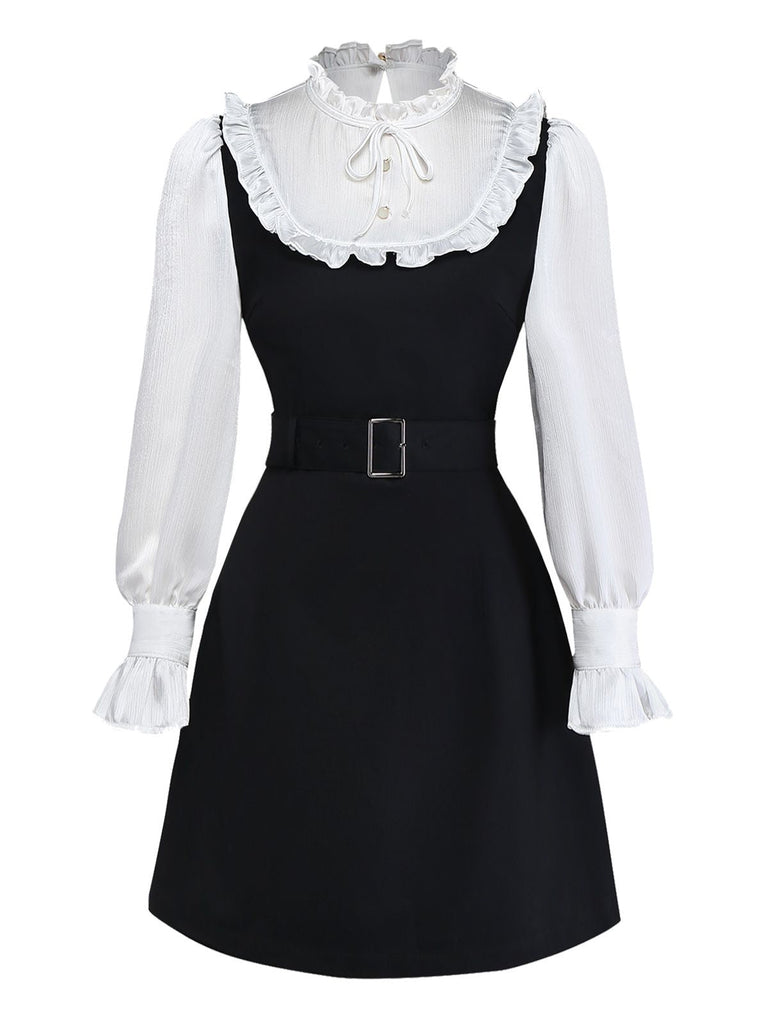 [Vorverkauf] Schwarz 1960er Rüschen Bogen Schleife Gürtel Kleid