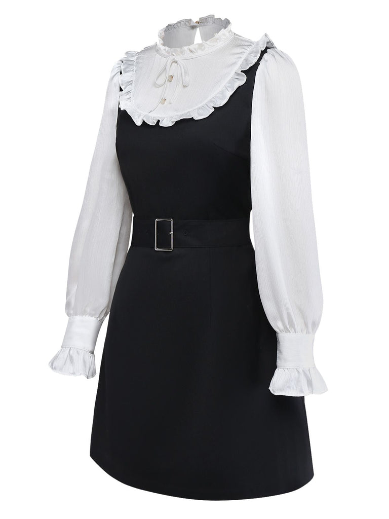 [Vorverkauf] Schwarz 1960er Rüschen Bogen Schleife Gürtel Kleid