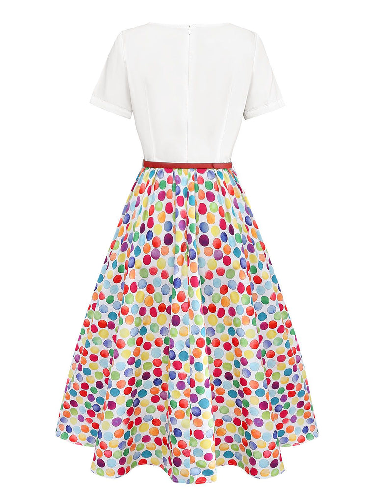 [Vorverkauf] Multicolor 1950er Bunt Polka Punkte Bogen Kleid