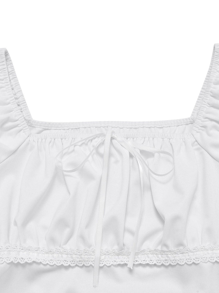 [Vorverkauf] Weiß 1940er Spitze Puffärmel Quadratischer Hals Top