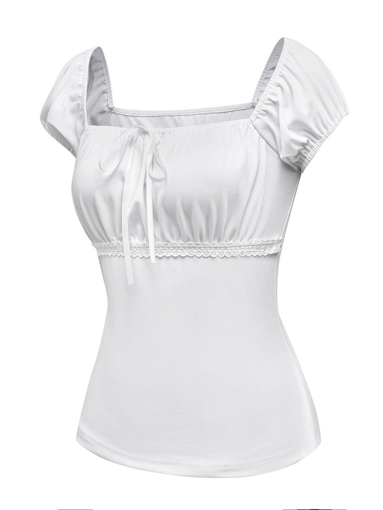 [Vorverkauf] Weiß 1940er Spitze Puffärmel Quadratischer Hals Top