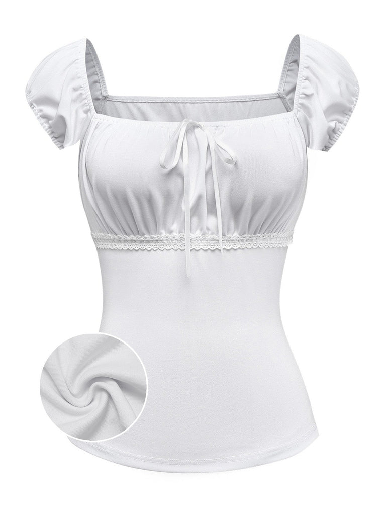 [Vorverkauf] Weiß 1940er Spitze Puffärmel Quadratischer Hals Top