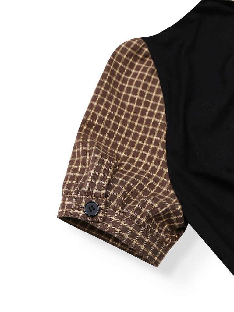 [Vorverkauf] Braun 1940er Kariert Stricken Seite Revers Gürtel Romper