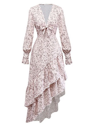 Mehrfarbig 1940er Blumen V-Ausschnitt Unregelmäßig Rüschen Saum Kleid