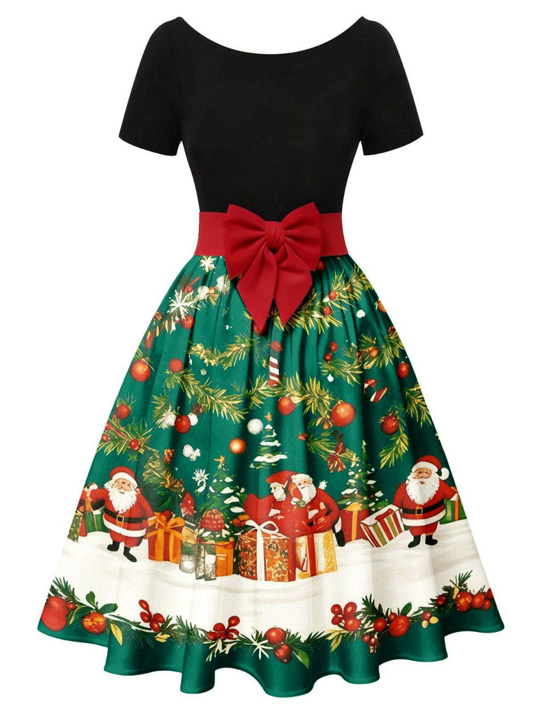 1950er Weihnachtsbaum Patchwork Bogen Gürtel Swing Kleid