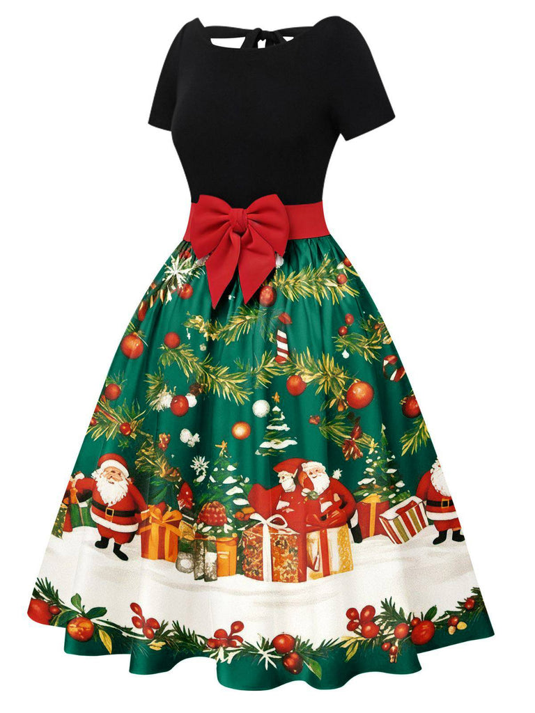 1950er Weihnachtsbaum Patchwork Bogen Gürtel Swing Kleid