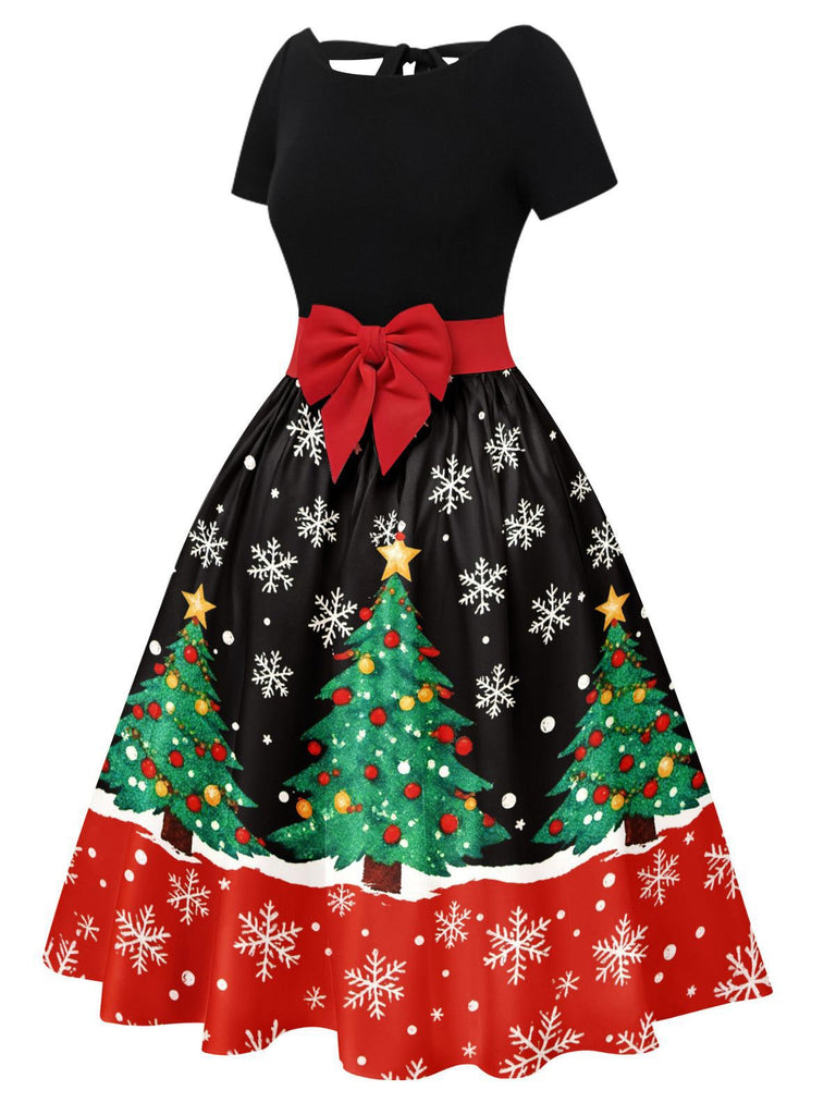 1950er Weihnachtsbaum Patchwork Bogen Gürtel Swing Kleid