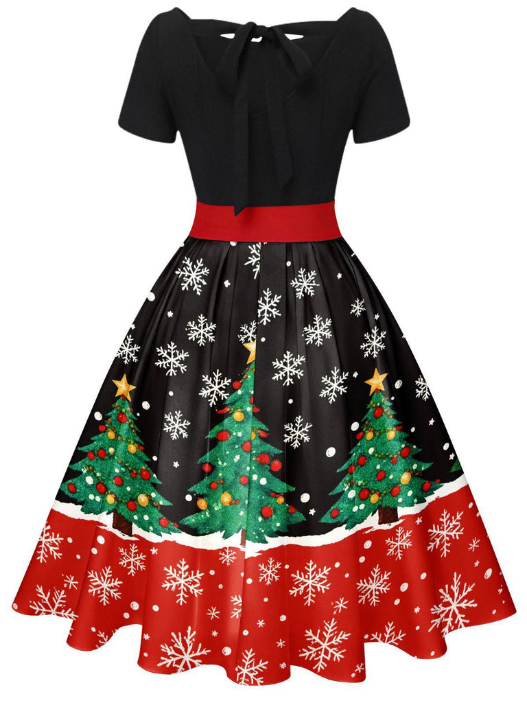 1950er Weihnachtsbaum Patchwork Bogen Gürtel Swing Kleid