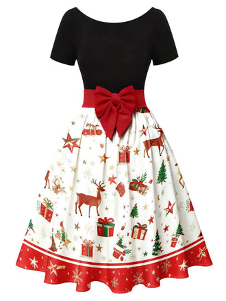1950er Weihnachtsbaum Patchwork Bogen Gürtel Swing Kleid