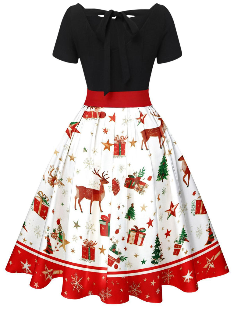 1950er Weihnachtsbaum Patchwork Bogen Gürtel Swing Kleid