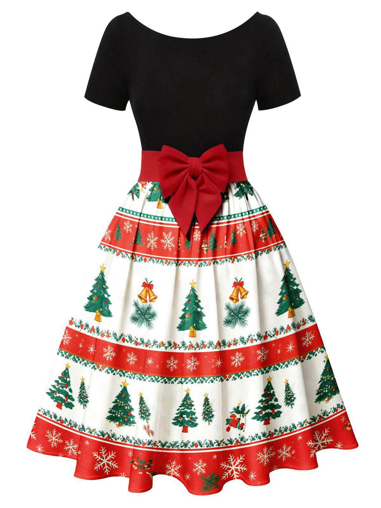 1950er Weihnachtsbaum Patchwork Bogen Gürtel Swing Kleid