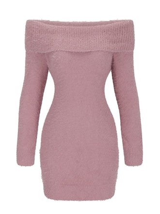Pfirsichrosa 80er schulterfreies Langarmkleid in Mohairoptik