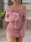 Pfirsichrosa 80er schulterfreies Langarmkleid in Mohairoptik