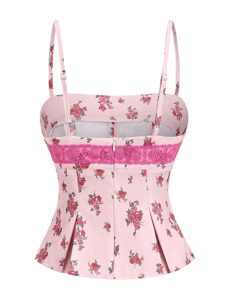 Rosa 1960er Blumen Spitze Patchwork Plissiertes Unterhemd