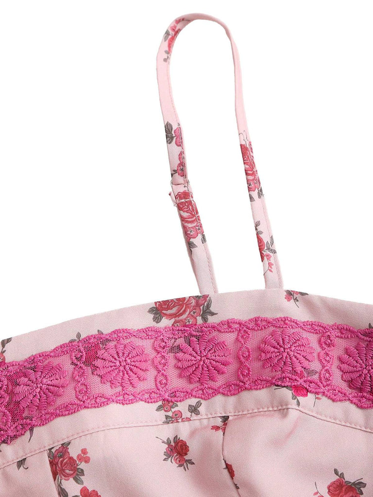 Rosa 1960er Blumen Spitze Patchwork Plissiertes Unterhemd
