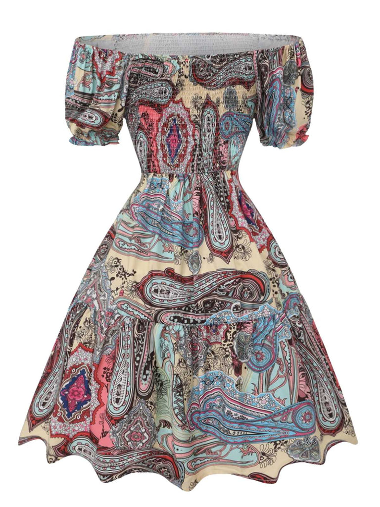 Mehrfarbig 1970er Boho Paisley Druck Gesmokt Puffärmel Kleid