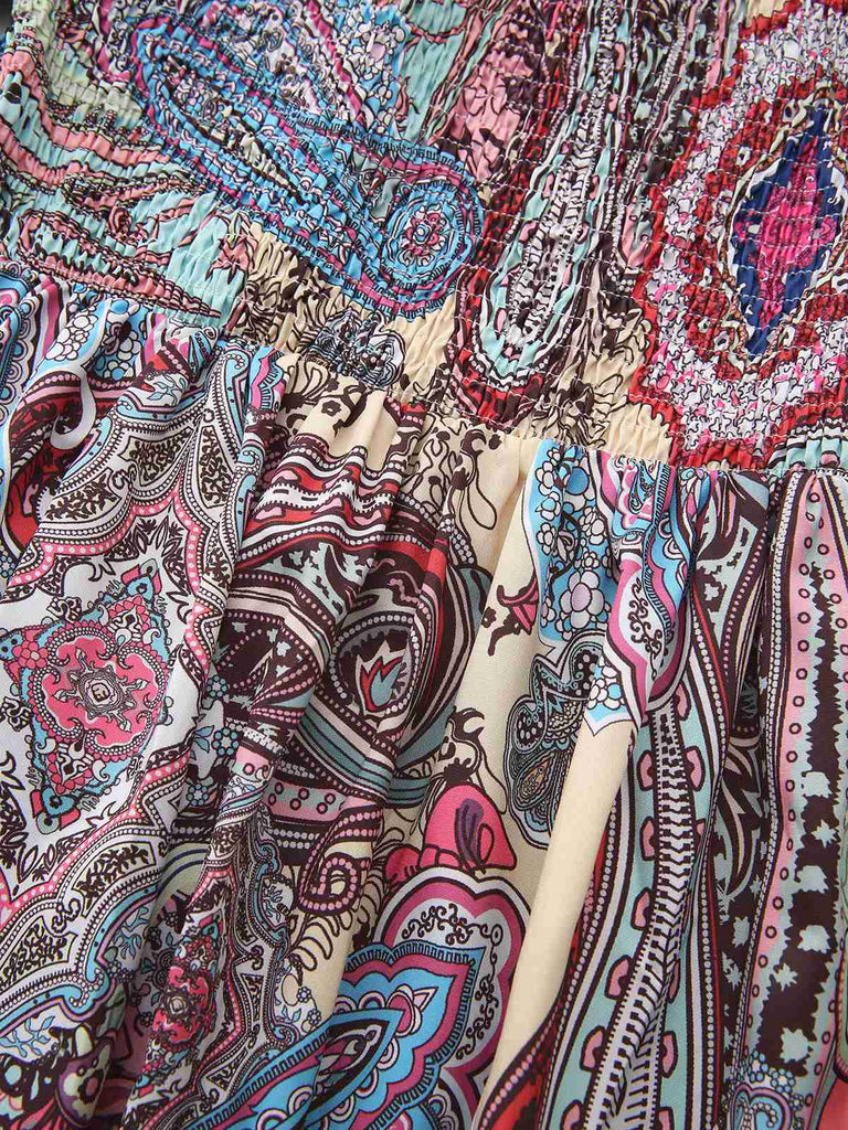 Mehrfarbig 1970er Boho Paisley Druck Gesmokt Puffärmel Kleid