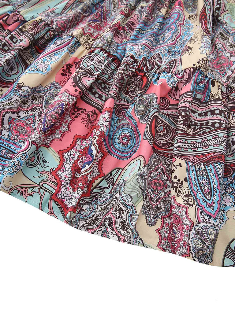 Mehrfarbig 1970er Boho Paisley Druck Gesmokt Puffärmel Kleid